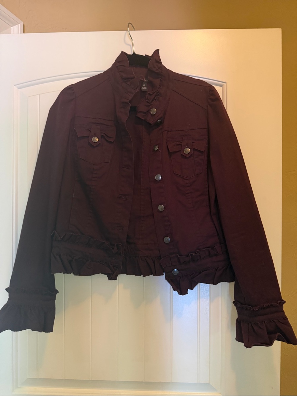 INC International Concepts Deep Burgundy Ruffle-Hem Jean Jacket
